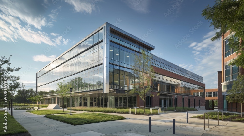 Modern Office Building with Glass Facade and Landscaping. Modern Office Building with Glass Facade and Landscaping.