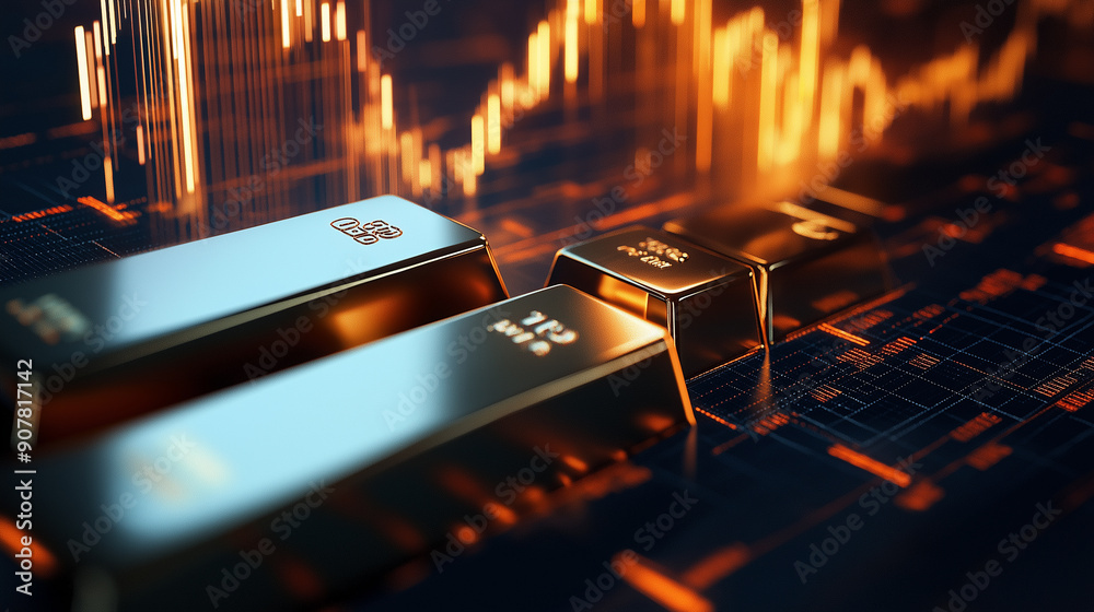 Gold bars with financial charts in the background.