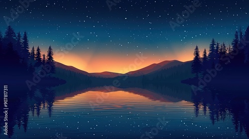 Starry night sky reflected in lake, calm water, flat design illustration. © prabhada
