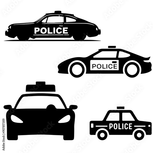 Silhouettes of police cars in profile and face. Vector set of black sketches of cars with inscription on the door