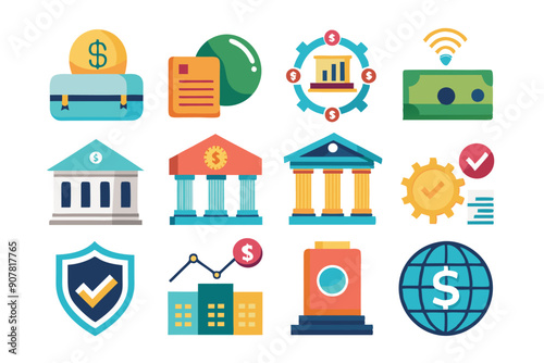 Colorful Icons Representing Finance, Banking, and Security