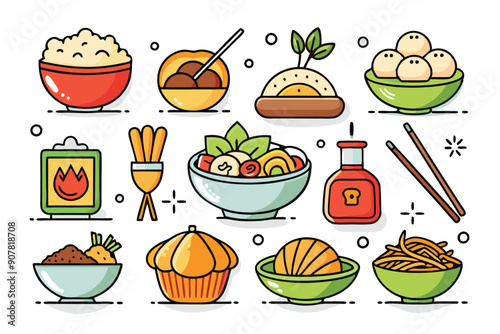 A Colorful Illustration of Various Asian Food Dishes