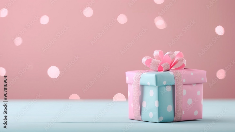 Pink and blue gift box with polka dots on a pink background with confetti. Pink and blue gift box with polka dots on a pink background with confetti.