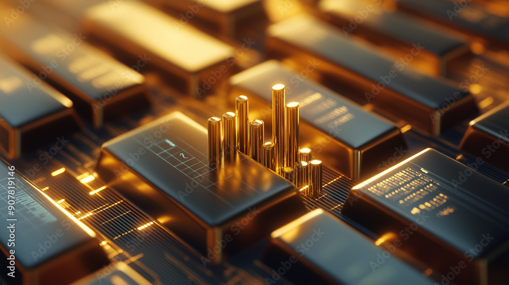 A detailed 3D illustration of gold bars and a financial chart, likely representing wealth, investment, or financial markets. A detailed 3D illustration of gold bars and a financial chart, likely representing wealth, investment, or financial markets.