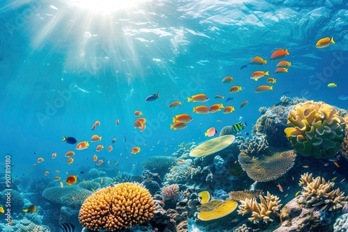 Vibrant Coral Reef Teeming with Colorful Fish Under Sunlit Waters