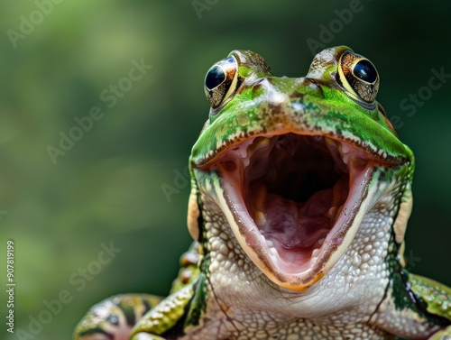 Medium shot of Colorful photo of frog with wide opened mouth, themed background, bright tonality.   photo