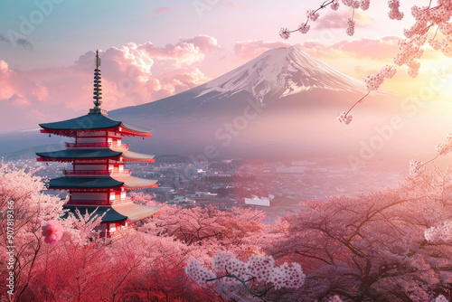 Cherry Blossoms in Full Bloom with Mount Fuji in the Background