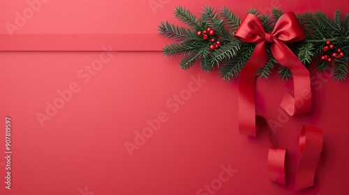 Red Christmas background with pine branches, bow and ribbon