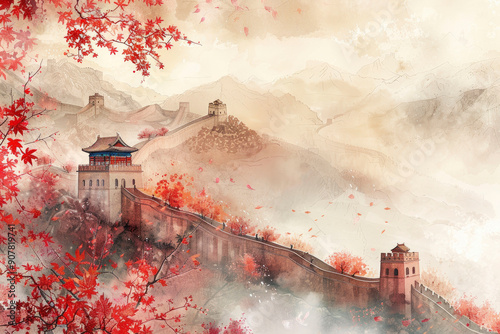 Artistic Great Wall of China with Autumn Leaves