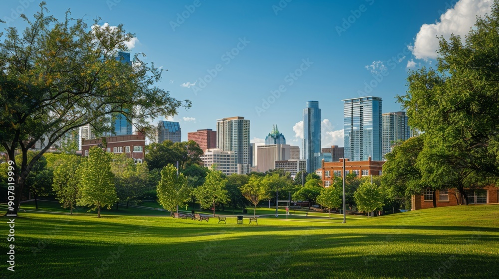 Cityscape Park with Green Grass and Skyscrapers. Cityscape Park with Green Grass and Skyscrapers.