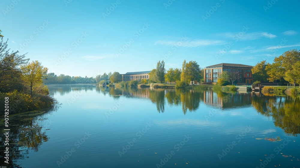 Calm Lake With Reflection of Buildings and Trees. Calm Lake With Reflection of Buildings and Trees.
