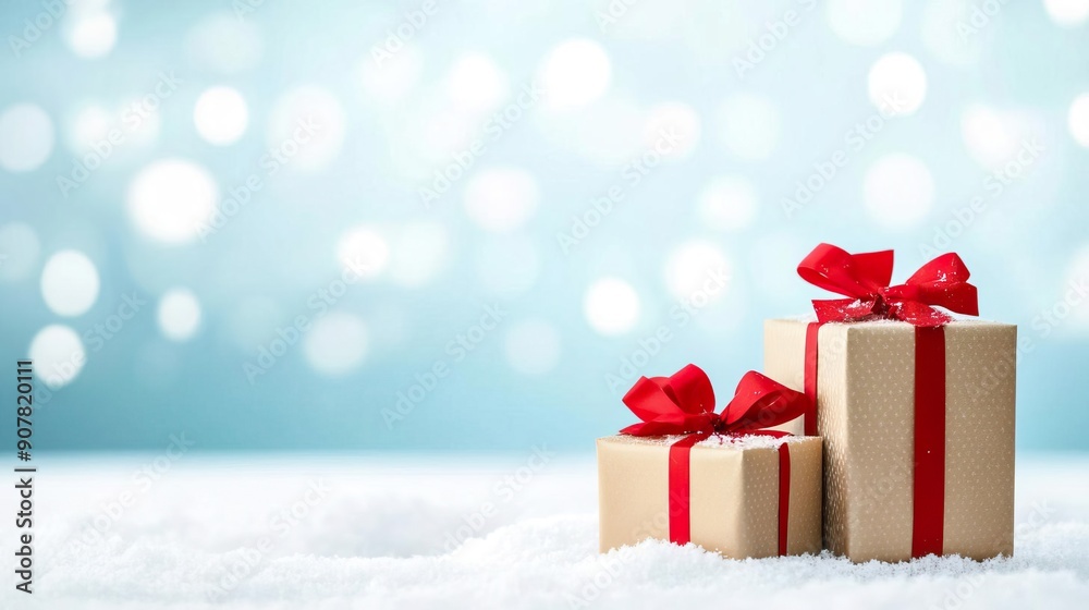 Christmas presents with shiny wrapping paper, snowy background. Christmas presents with shiny wrapping paper, snowy background.