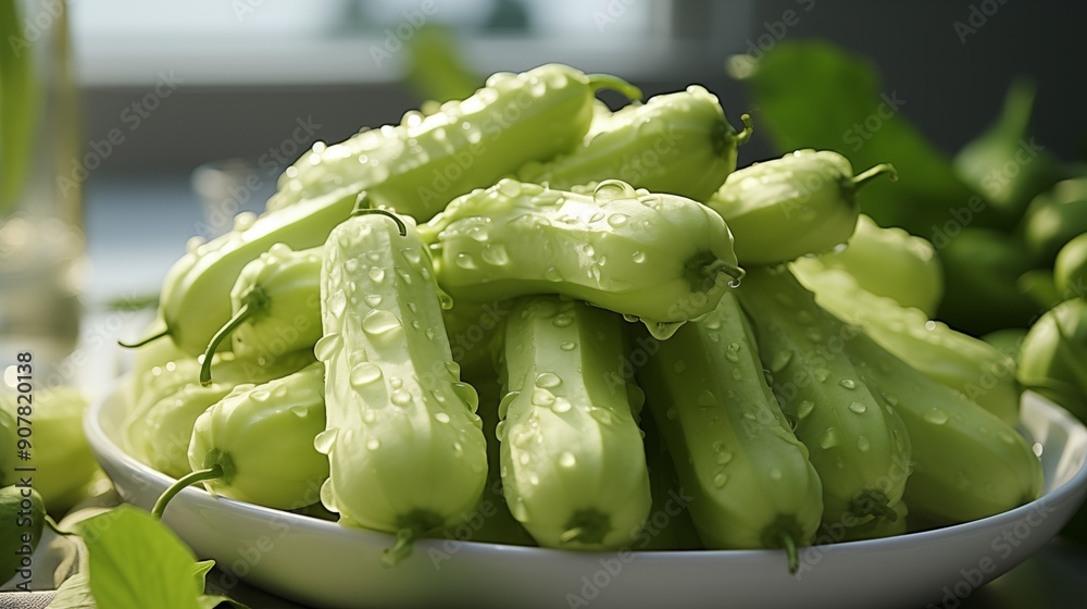 Close up of a fresh chayote, macro photography, delicious textures, front view from above, studio lighting, white background. Close up of a fresh chayote, macro photography, delicious textures, front view from above, studio lighting, white background.