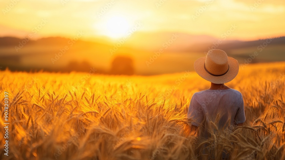 Fototapeta premium Farmer in a golden wheat field, with rolling hills and a setting sun