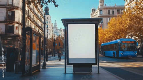 Blank advertising billboard mockup at a bus stop in madrid city,with a blue bus and historical building in the background photo