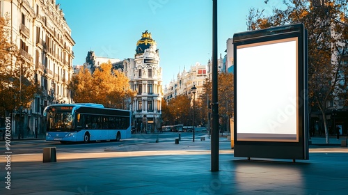 Blank advertising billboard mockup at a bus stop in madrid city,with a blue bus and historical building in the background