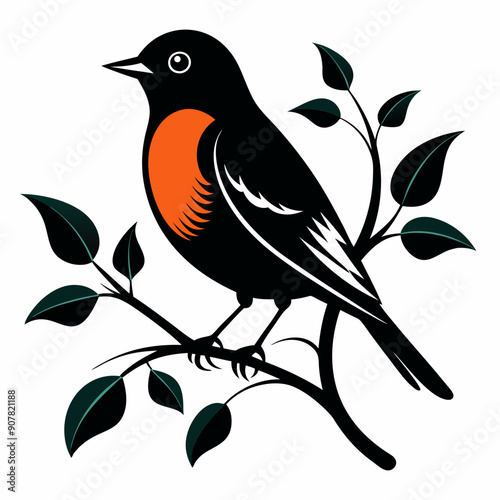 vector art black silhouette american robin bird  illustration