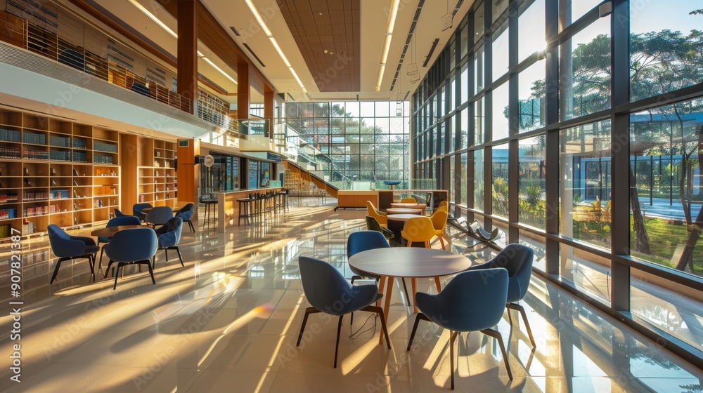 Modern office lobby with large windows and natural light. Modern office lobby with large windows and natural light.
