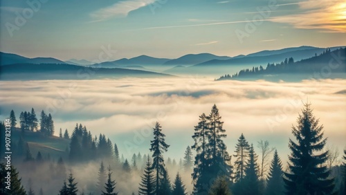 Foggy mountain valley and spruce trees forest silhouette at sunrise, beautiful nature and landscape on a perfect day