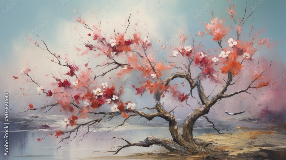 custom made wallpaper toronto digitala colorful painting of flowers and branches with the word  spring  on the bottom.