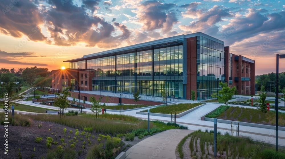 Obraz premium Modern Building with Sunset Reflection.