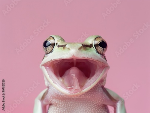 Medium shot of Colorful photo of frog with wide opened mouth, themed background, bright tonality.   photo