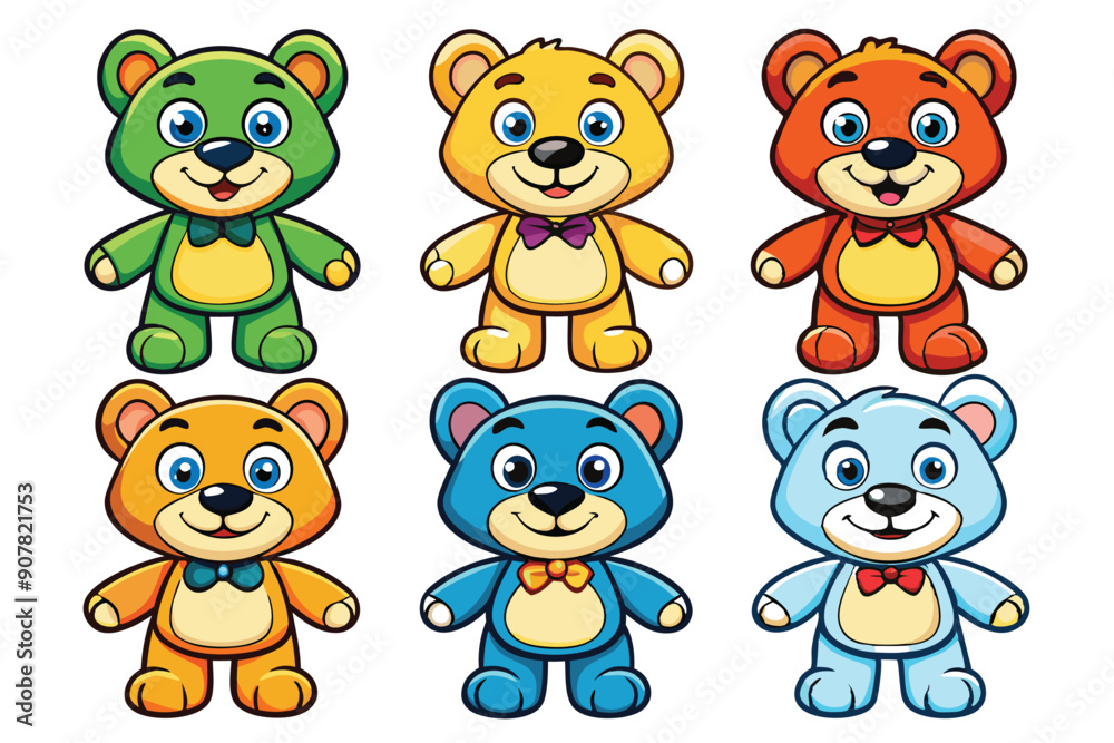 Six Cartoon Teddy Bears with Different Colors and Bowties Six Cartoon Teddy Bears with Different Colors and Bowties