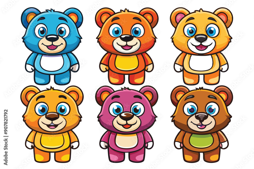Six Cartoon Bears with Different Colors and Expressions Six Cartoon Bears with Different Colors and Expressions