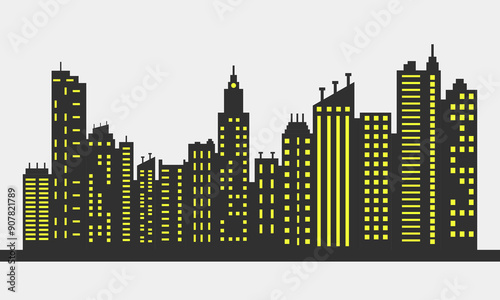 Town skyline silhouette. Small city houses, factory buildings, old church roofs, simple residental neighborhood vector flat scene