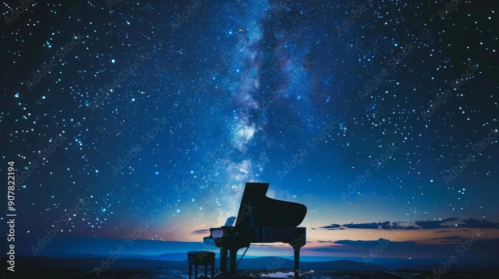 Fototapeta premium piano in the center, with a starry sky above