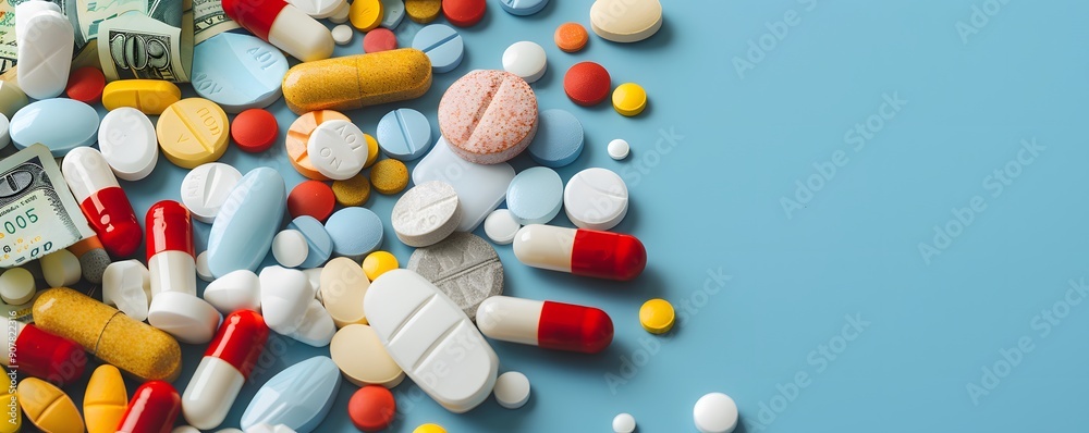 medicine and money on blue background
medicine and money on blue background