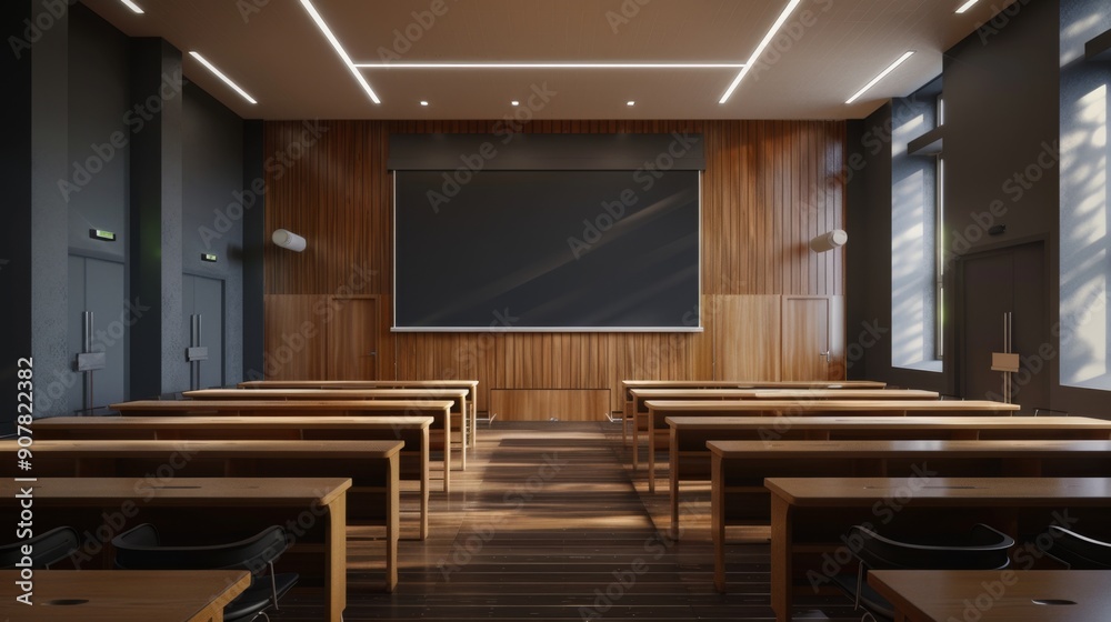 Empty Lecture Hall with Wooden Desks and Projector Screen.