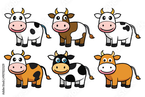 Six Cartoon Cows with Different Colored Patches