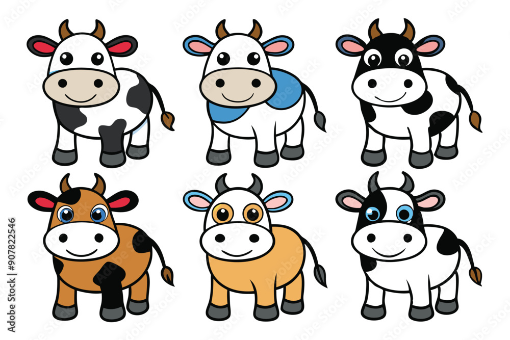 Obraz premium Six Cartoon Cows with Different Colored Patches