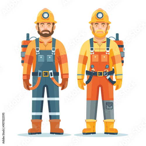 Two cartoon miners standing confidently, one holding pickaxe. Both wear safety helmets lamps, work boots, high visibility clothing. Illustrated male workers show professionalism readiness