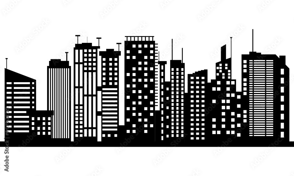 Black silhouette of modern city on white background Black silhouette of modern city on white background