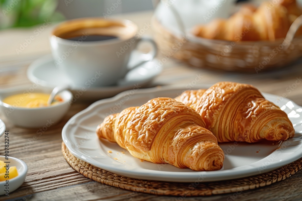 Freshly baked croissants with butter and coffee in a cozy breakfast setting on a rustic wooden table Freshly baked croissants with butter and coffee in a cozy breakfast setting on a rustic wooden table