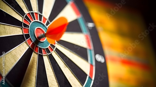 Close-up of a dart hitting the bullseye on a dartboard.