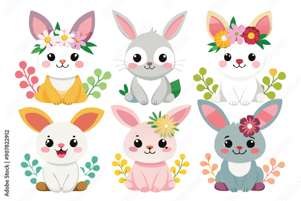 Fototapeta premium Six Adorable Bunnies with Floral Headbands and Foliage