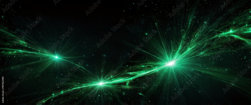 Fototapeta premium green motion lights in space galaxy plain black background wide angle panoramic view backdrop copy space