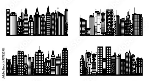 set of City silhouette in flat style. Modern urban landscape. Vector illustration. City skyscrapers building office skyline on white background