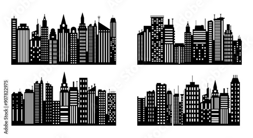 Vector set of different black horizontal night cityscape. Vector city silhouettes, element for design banners,web design, architectural backgrounds