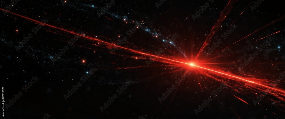Naklejka premium red motion lights in space galaxy plain black background wide angle panoramic view backdrop copy space