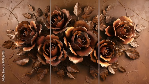 Set of three flower wall workmanship boards with 3d metal roses in natural tones