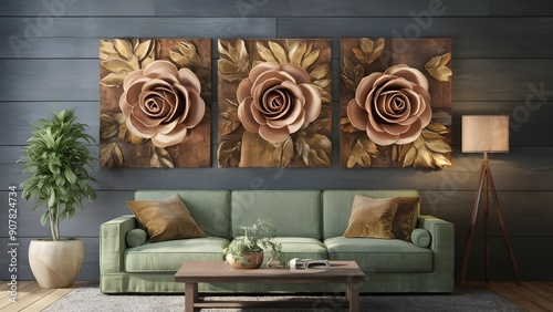 Set of three flower wall workmanship boards with 3d metal roses in natural tones home decor design 