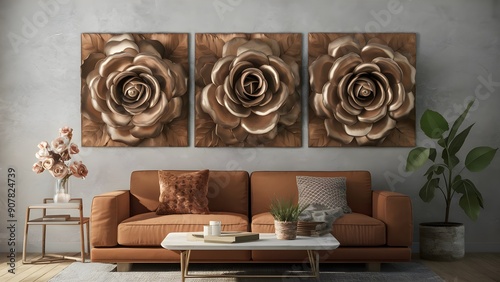 Set of three flower wall workmanship boards with 3d metal roses in natural tones with home decor furniture 