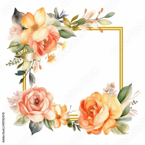Gold frame with white background and copy space, surrounded by open apricot tea roses and foliage, for mothers day, card, invite for engagement, wedding, website, 