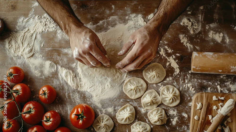 Fototapeta premium Cook making pasties with dough on wooden background Empty area 
