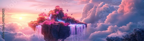 Dreamlike floating island with vibrant trees, butterflies and glowing waterfalls surrounded by clouds at sunset
