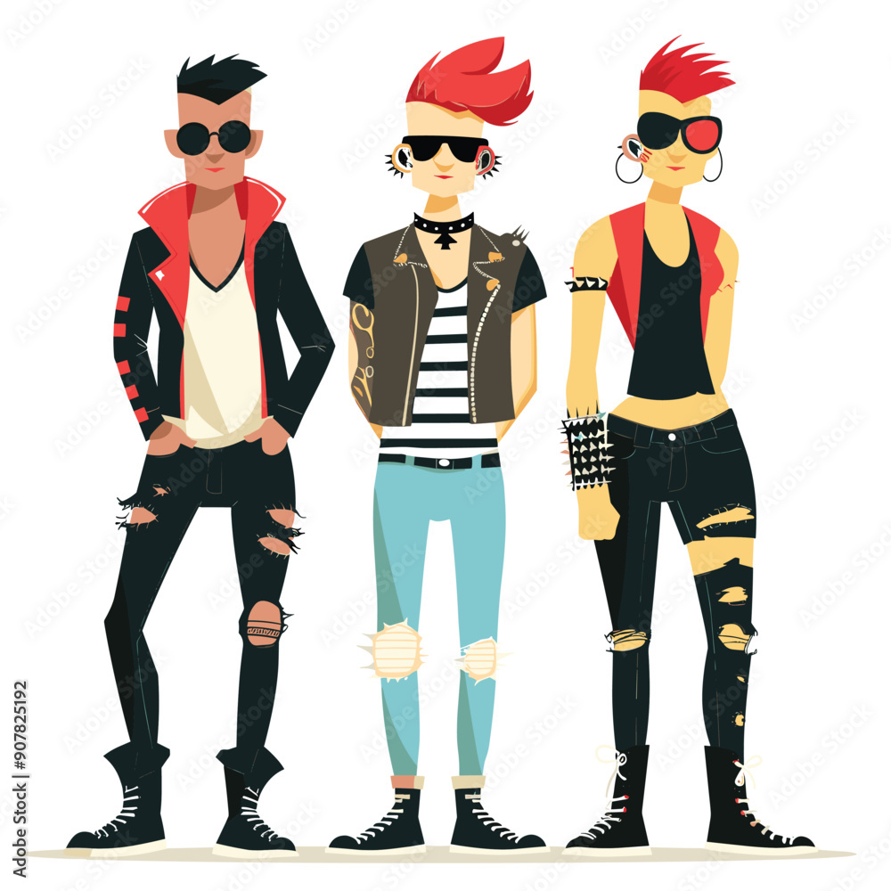 Three young punk rock characters standing, punk features distinctive hairstyles, tattoos, accessories. Vibrant fashion, cool attitude, rebellious styles represented
